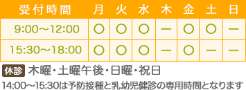 松戸市 市川市の小児科 つるこどもクリニックの診療時間表：午前9:00～12:00、午後14:00～18:00｜休診日：木曜、土曜午後、日曜、祝日 14:00～15:30は予防接種、乳幼児健診のみです。